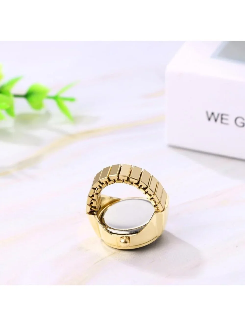 Unisex Gold Black Analog Quartz Stretchy Elastic Band Analogue Finger Ring Watch